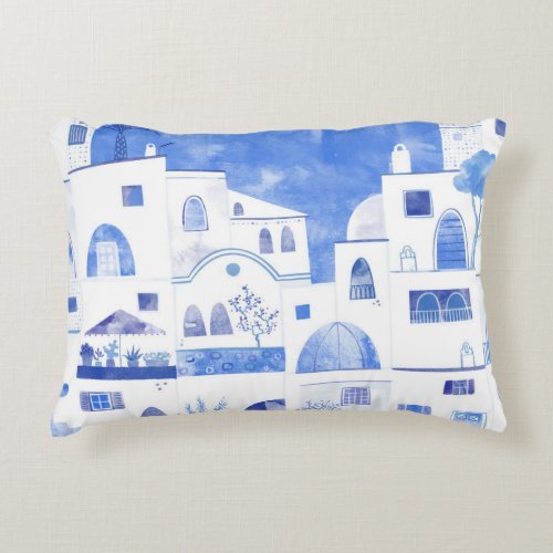 Santorini Greek Island Watercolor Townscape Accent Pillow
