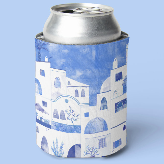 Santorini Greek Island Watercolor Townscape Can Cooler