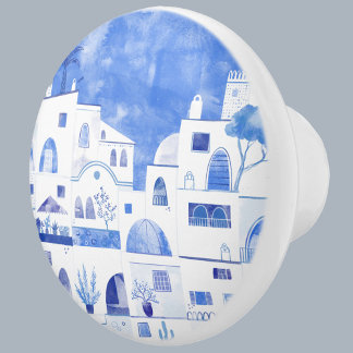 Santorini Greek Island Watercolor Townscape Ceramic Knob