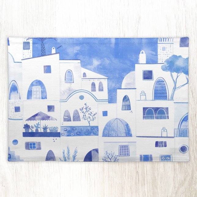 Santorini Greek Island Watercolor Townscape Cloth Placemat (Santorini Greece blue and white watercolor art place mat)