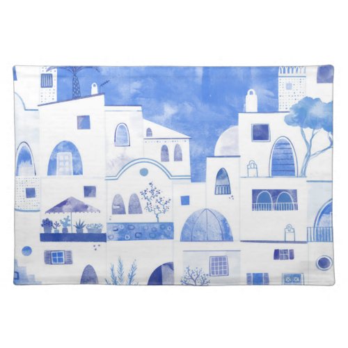 Santorini Greek Island Watercolor Townscape Cloth Placemat