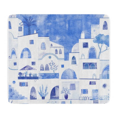 Santorini Greek Island Watercolor Townscape Cutting Board