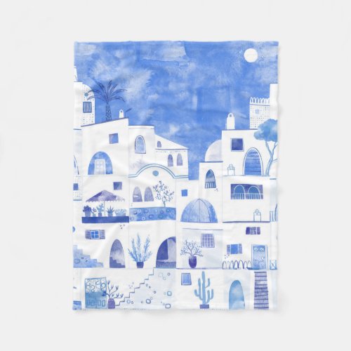 Santorini Greek Island Watercolor Townscape Fleece Blanket