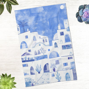 Santorini Greek Island Watercolor Townscape Kitchen Towel
