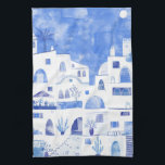 Santorini Greek Island Watercolor Townscape Kitchen Towel<br><div class="desc">A blue and white watercolor painting of the village of Oia on the peaceful Greek island of Santorini.</div>