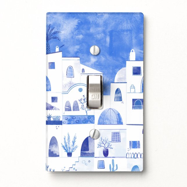 Santorini Greek Island Watercolor Townscape Light Switch Cover (Watercolor blue and white Santorini Greece light switch cover plate)