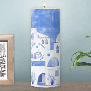 Santorini Greek Island Watercolor Townscape Pillar Candle