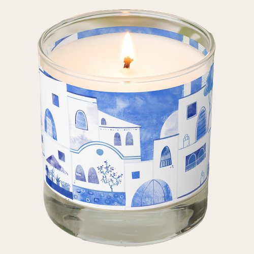 Santorini Greek Island Watercolor Townscape Scented Candle