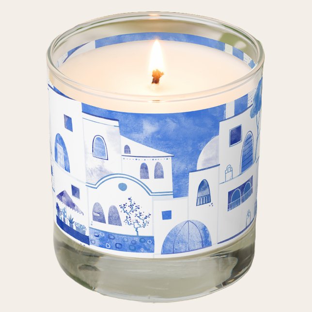 Santorini Greek Island Watercolor Townscape Scented Candle (Creator Uploaded)