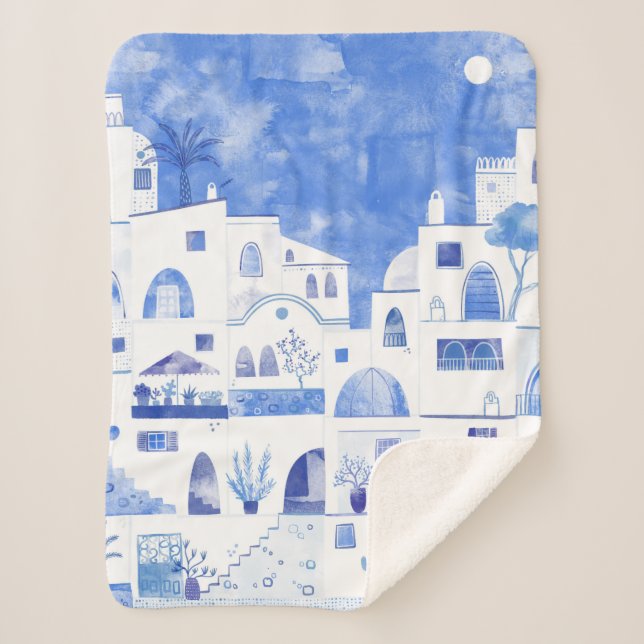 Santorini Greek Island Watercolor Townscape Sherpa Blanket (Front)