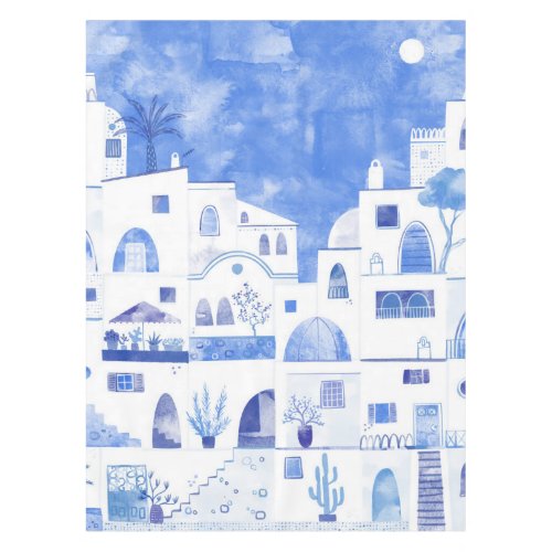 Santorini Greek Island Watercolor Townscape Tablecloth
