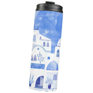 Santorini Greek Island Watercolor Townscape Thermal Tumbler