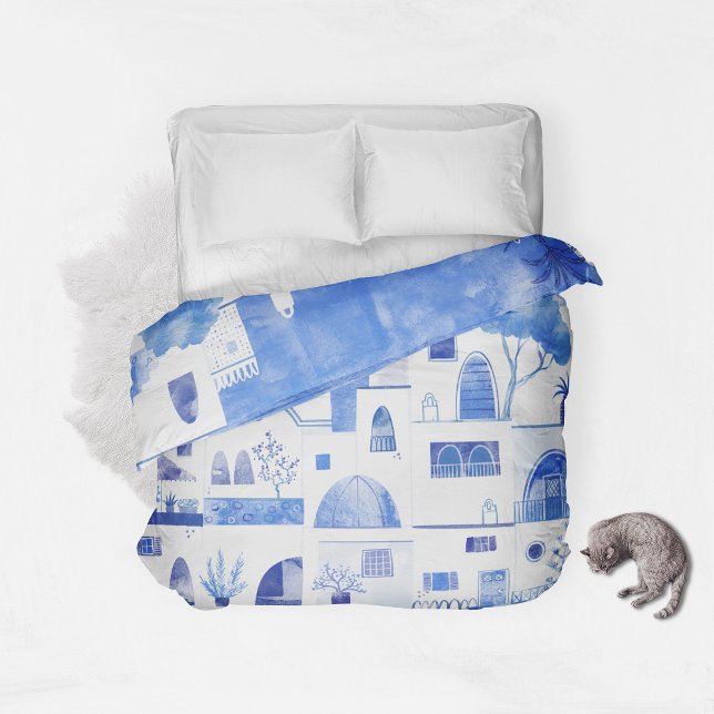 Santorini Greek Watercolor Duvet Cover (Creator Uploaded)