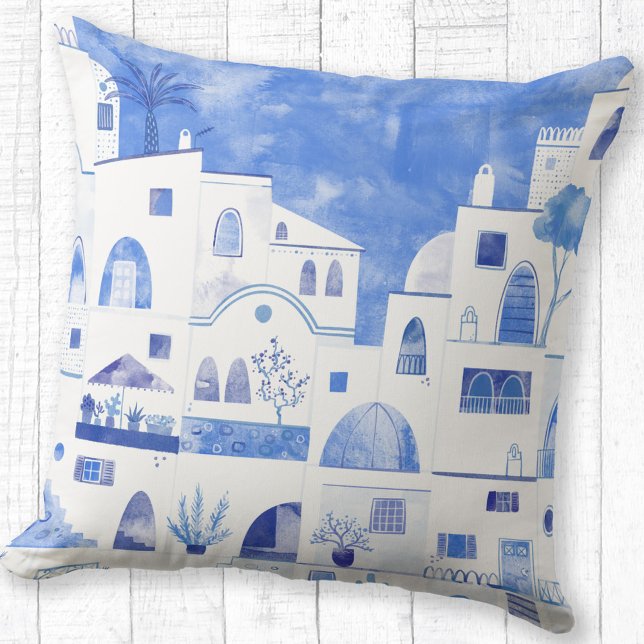 Santorini Greek Watercolor Throw Pillow (Oia Santorini watercolor art blue and white throw pillow)