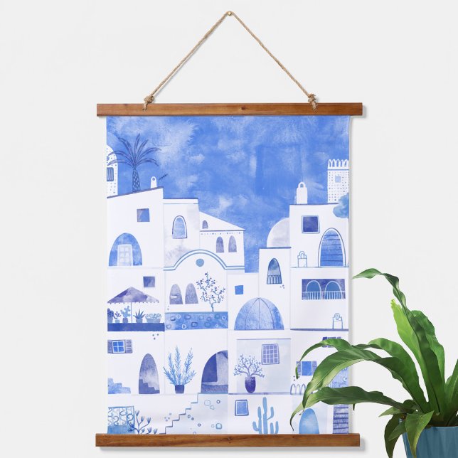 Santorini Hanging Tapestry (Blue and white original watercolor painting of Oia on the Greek island of Santorini)