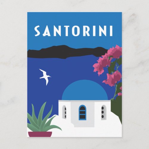 Santorini in Greece vintage travel style colorful Postcard