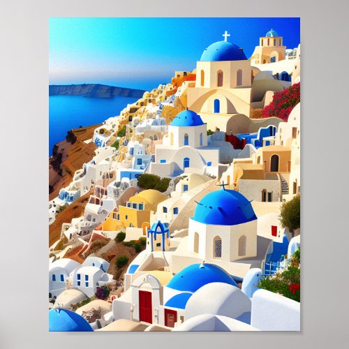 Santorini Island Greece Digital Art Painting Poster