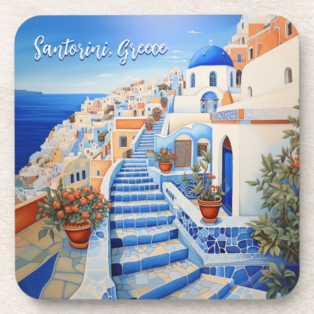 Santorini Island Illustration | Travel Art Beverage Coaster (Front)