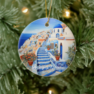Santorini Island Illustration   Travel Art Ceramic Ornament