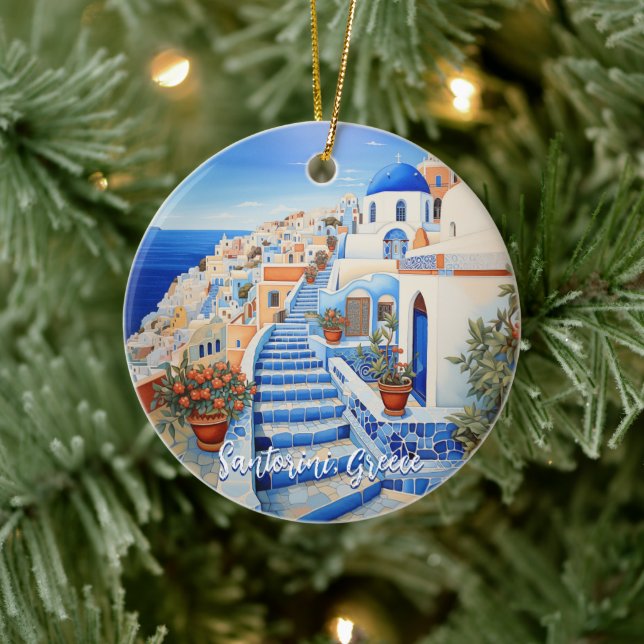 Santorini Island Illustration | Travel Art Ceramic Ornament (Tree)