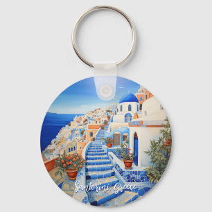 Santorini Island Illustration   Travel Art Keychain