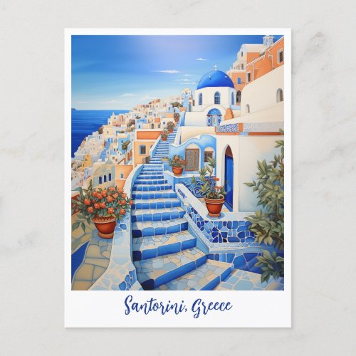 Santorini Island Illustration  Travel Art Postcard