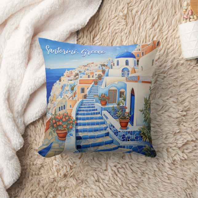Santorini Island Illustration | Travel Art Throw Pillow (Blanket)