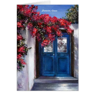 Santorini Island in Greece with blue front door Cards