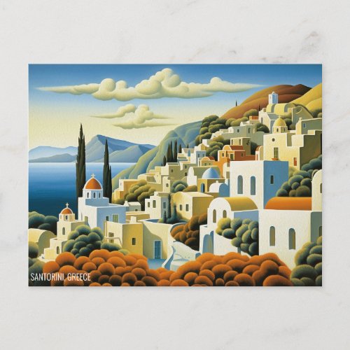 Santorini Island Oil Painting Greece Travel  Art Postcard