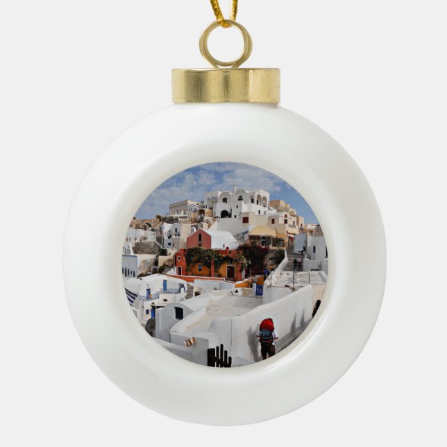 Santorini Island (Thira), Greece Ceramic Ball Christmas Ornament (Front)