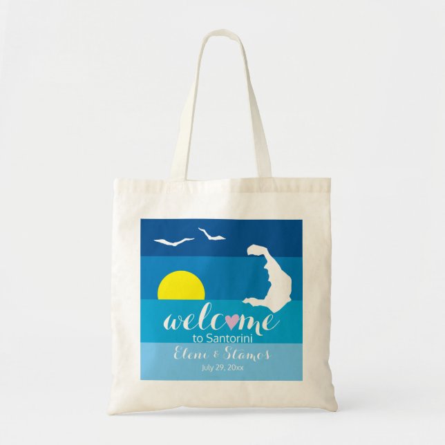 Santorini map, seagulls Greek wedding welcome bag (Front)