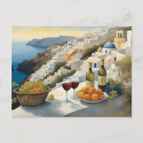 Santorini Mediterranean View with Wine and Fruit Postcard
