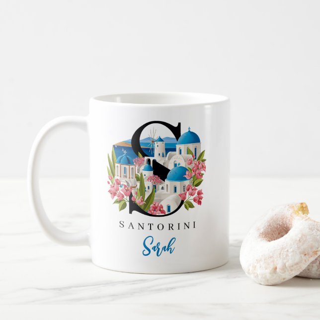 Santorini Monogram Letter S Personalized Gift Coffee Mug (With Donut)