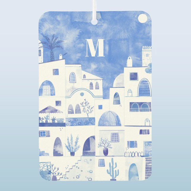 Santorini Monogram Watercolor Art Air Freshener (Santorini monogram initial Greek island watercolor art car vehicle air freshener)