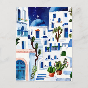 Santorini Night Greece Watercolor Blue White Greek Postcard
