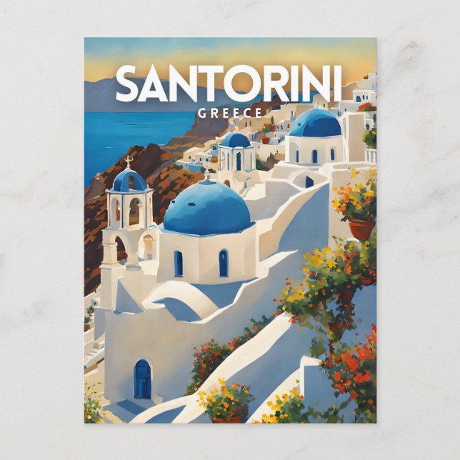 Santorini Nostalgic Vintage Travel Art Postcard (Front)