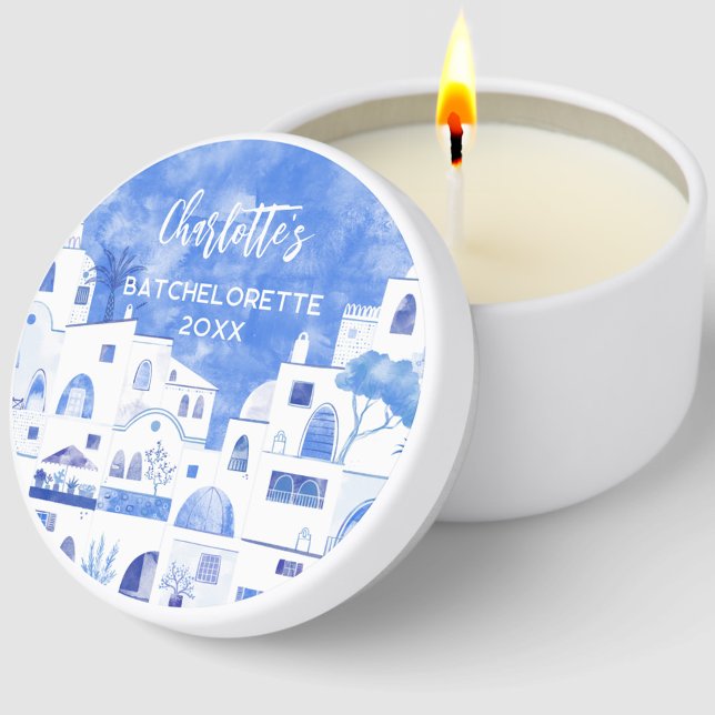 Santorini Oia Greece Personalized Bachelorette Mini Candle Favors (Santorini blue and white watercolor personalized bachelorette party favor mini soy candle)