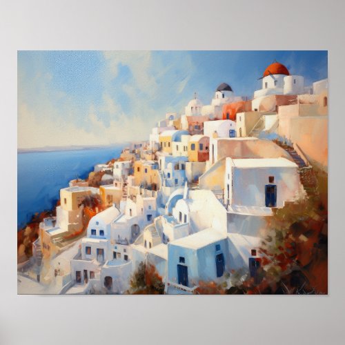 Santorini Oia Greece Watercolor Art Print Poster