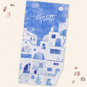 Santorini Oia Greek Island Watercolor Personalized Beach Towel