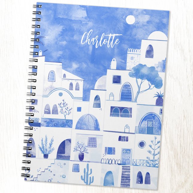 Santorini Oia Greek Island Watercolor Personalized Notebook (Personalized custom name Santorini Greece blue and white watercolor art notebook)