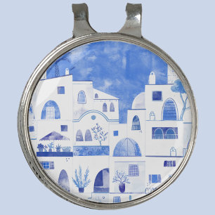 Santorini Oia Greek Island Watercolor Townscape Golf Hat Clip