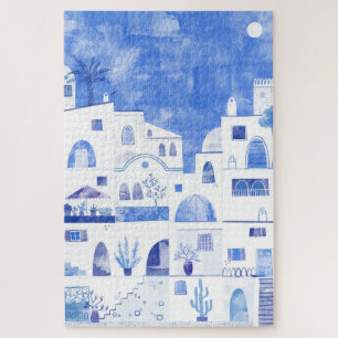 Santorini Oia Greek Island Watercolor Townscape Jigsaw Puzzle