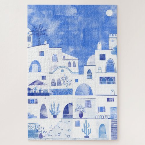 Santorini Oia Greek Island Watercolor Townscape Jigsaw Puzzle