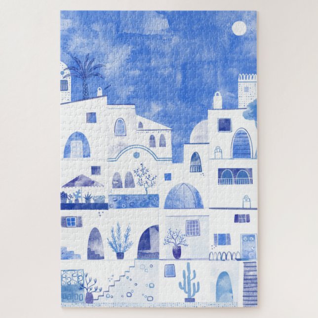 Santorini Oia Greek Island Watercolor Townscape Jigsaw Puzzle (Vertical)