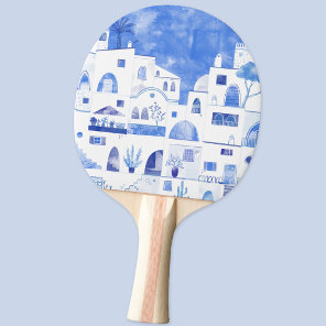 Santorini Oia Greek Island Watercolor Townscape Ping Pong Paddle