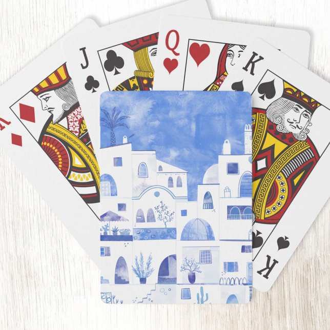 Santorini Oia Greek Island Watercolor Townscape Poker Cards (Oia Santorini blue and white watercolor townscape painting art playing cards)