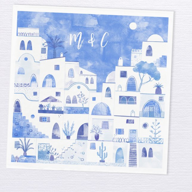 Santorini Oia Wedding Monogram Initial Napkins (Santorini Greece blue and white wedding napkin with custom bride and groom initials)