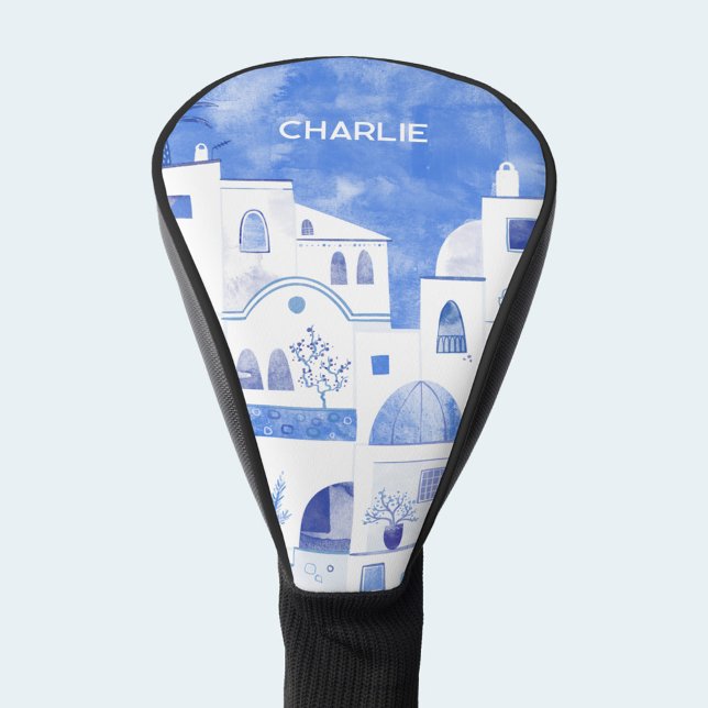 Santorini Personalized Watercolor Art Golf Head Cover (Santorini Greece blue and white watercolor personalized name golf head cover)