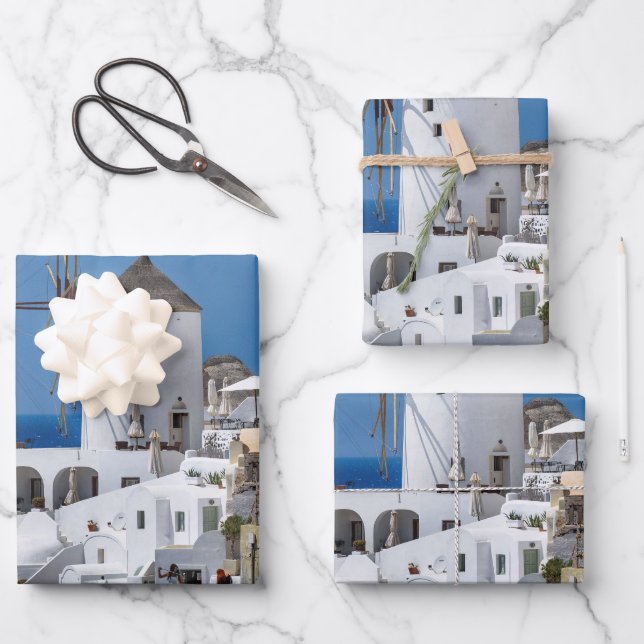 Santorini Photo of White Buildings on Hillside Wrapping Paper Sheets (Front)