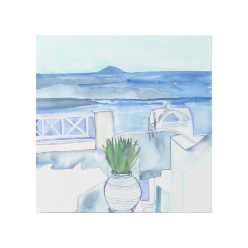 Santorini Sea View with Blue Aloe Jar _ Coastal Ar Gallery Wrap